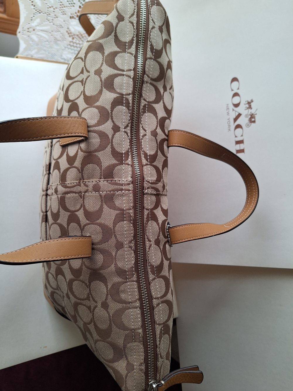 Coach Hadley Signature Zip Satchel Tote Bag with Leather Trim Laptop Shoulder - Picture 11 of 17